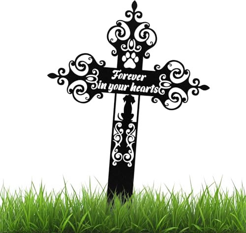 JUMRHFAN Dog Memorial Plaque with Ground Stake, Garden Metal Grave Marker with Forever in your hearts, Personalised Memorials Plaques for Dog Remembrance Gifts(Cross)
