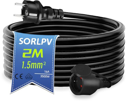 Sorlpv Verlängerungskabel Außen 2M, H05RR-F 3G1,5mm² Gummi Verlängerung Stromkabel Schwarz mit Schuko Steckdose inkl. Schutzkappe, IP44 Outdoor Verlängerungskabel 250V, 16A, 3500W