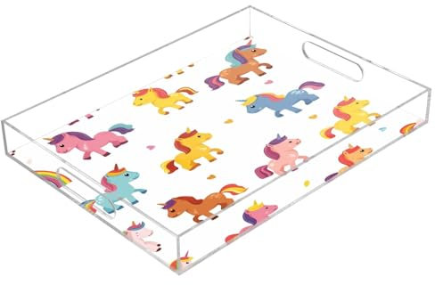 Colored Cute Unicorn Horse Acrylic Serving Trays, Clear Rectangular Tray with Handles Serving Platter for Coffee Table Kitchen Bathroom