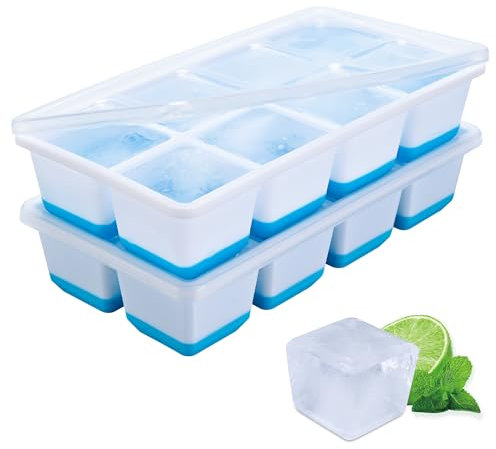 Large Ice Cube Tray, 2 Pack Large Ice Cube Moulds, Easy Release BPA-Free Ice Trays for Freezer, Silicone Ice Cube Tray with Lid for Whiskey, Cocktails, Drinks(Blue)