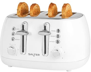 Salter Boston 4-Slice Toaster – Wide Slots, 6 Browning Levels, Defrost, Reheat and Cancel, Bagels, Teacakes, Thick Bread, High-Lift Eject, Removable Crumb Tray, Self-Centring, 1960W, Ice White Shimmer