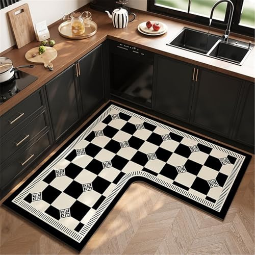 Hixingo Tapis Cuisine Forme L, Style Européen Tapis de Passage/Sol en Diatomite Absorbant Séchage Rapide Antidérapant pour Cuisine Devant d Evier pour Couloir, Entrée (Checkerboard,120x120x45cm)