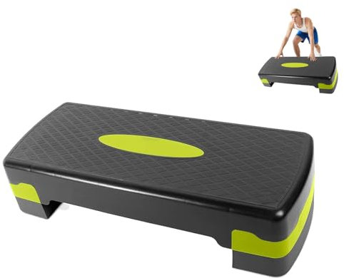 Planche de Step Fitness 68 cm Ajustable - Stepper Antidérapant avec Hauteur Réglable (10-15 cm) pour Entraînement Aérobic et Musculation à Domicile - Écologique, avec Élastiques et Poids(Verte)