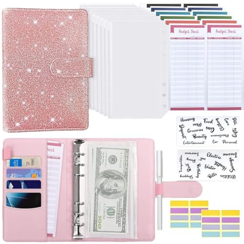 Budgetplanerare, pärm – hushållsbok A6 planner sedelkuvert, kuvertmetod, budgetplanerare pengar arrangör spararbok med folie för ekonomiplanerare spara mapp, kontantfyllning, startset, rosa/lila