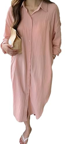amropi Mujer Maxi Botones Camisa Vestido Suelto Manga Larga Blusa Cuello en V Casual Camisetas con Cinturón