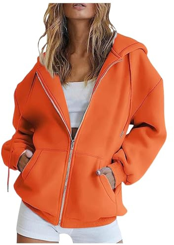 sweatjacke damen baumwolle, Sweatjacke Damen mit Kapuze Oversize Y2K Zipper Hoodie Sport Style Casual Kapuzenjacke Langarm Leichte Sportjacke Teenager Mädchen Kapuzenpullover Sweatshirt Jacke Orange M