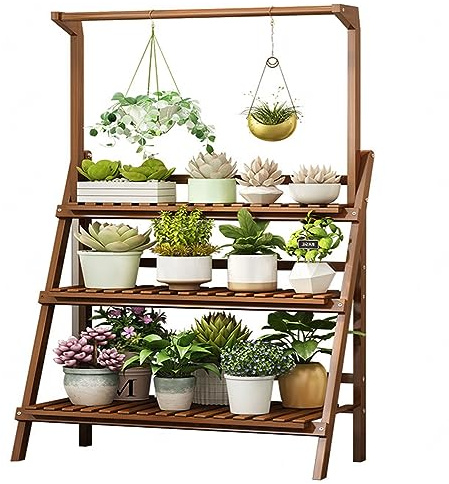 3 Tier Folding Bamboo Plant Stand - Ladder Flower Pot Stand Rack with Hanging Basket - Planter Shelves Display Shelving Plants Shelf Holder for Living Room, Pat（A）