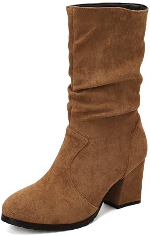 LarDorLin Femme Suède Mi-Mollet Slouchy Bottes A Enfiler Bout Rond Confort Bloc Hiver Warm Half Bottines Marrón Taille 35 EU