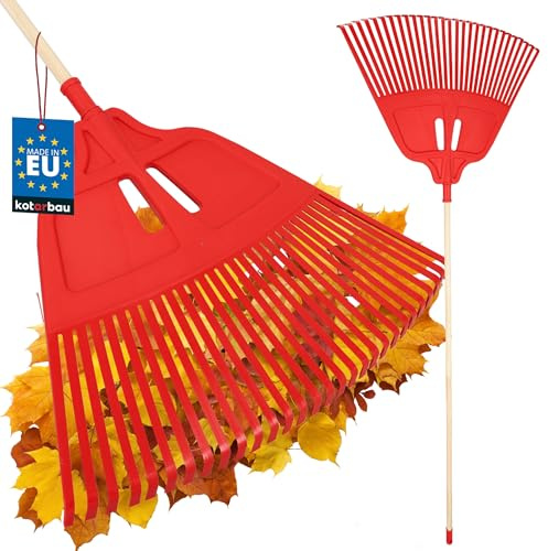 KOTARBAU® Trädgårdskratta - Plast - 68 cm - Trähandtag 150 cm - Extra-Click Funktion - Lövräfsa - Robust Räfsa - Plastkratta Trädgårdsräfsa - För Höstlöv Häckklippning - Röd & Taturfärgat Trä