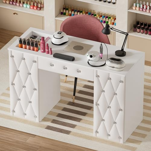 Elancee Mesa de manicura, escritorio de tecnología de uñas con colector de polvo, estación de mesa de salón de uñas con bolsas de polvo, estación de trabajo de suministros de uñas para salón de