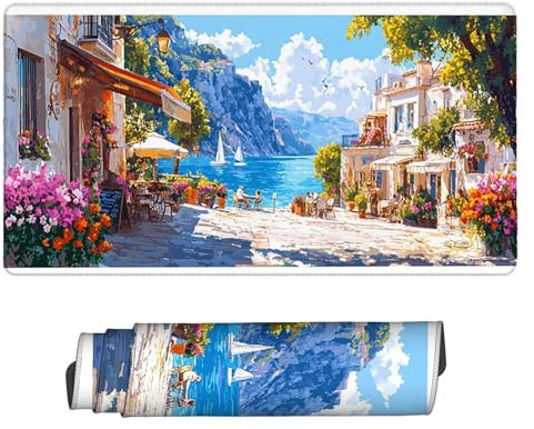 Gaming Mauspad 700 x 300 mm XXL Gaming Mousepad Verlängertes Großes Mauspad Schreibtischauflage, Genähte Kanten Mousepad, Rutschfeste Gummibasis, Schutz für Home Office (Straßenblick Café) Z-498