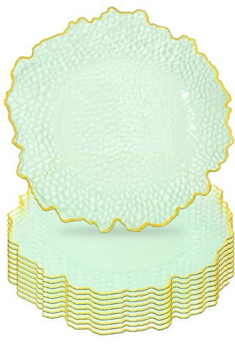 10 Pcs Clear Charger Plates 13 Inch Hammered Green Plastic Charger Plates with Gold Rim, Transparent Green Chargers for Dinner Plate, Stone Texture Plate Round Chargers for Wedding Party, Event