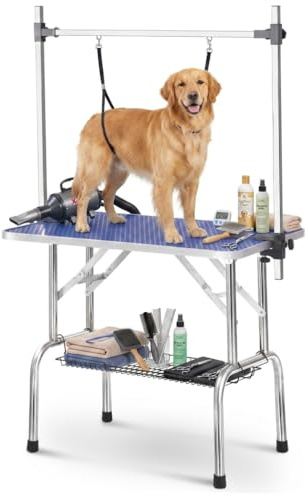 Profi Trimmtisch für Hunde & Katzen Klappbar – Haustierpflegetisch mit Höhenverstellbarem Galgen, Halteleine & Ablagekorb – Rutschfester Schertisch für Hundepflege zu Hause & Salon, Blau, 90x60cm 60kg