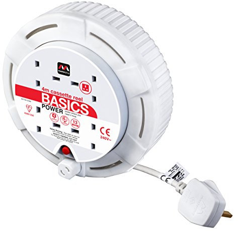 Masterplug Four Socket, 4 Metre Cassette Reel, Small Extension Lead Cable Reel, Wind-Up Retractable Power Cord Reel, Thermal Cut Out, Basic Power, White, 13A, 4G, 4m, SCT0413/4W