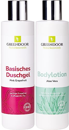 GREENDOOR Urlaubs-Reiseset / Beauty-Set Basic, SPARSET natürliche Bodylotion Aloe Vera & basisches Duschgel Pink Grapefruit, Naturkosmetik für die Reise direkt vom Hersteller