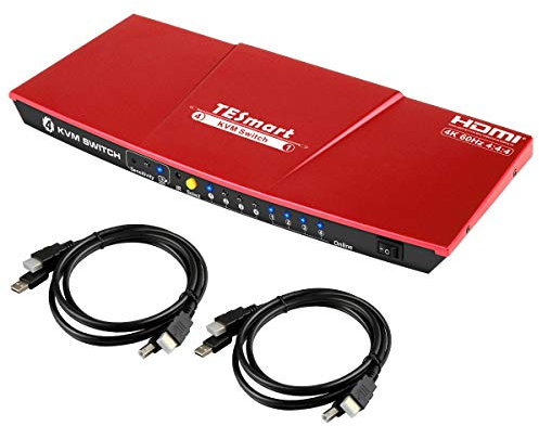 TESmart 4x1 HDMI KVM Switch 4K@60Hz 4:4:4 Ultra HD | 4 Port KVM Switcher 4 in 1 out with 2 pcs of 1.5 m KVM Cables Supports USB 2.0 Devices Control up to 4 computers/servers/DVR-Coral Red