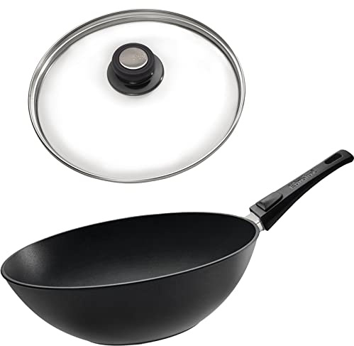 Eurolux leichter Stiel-Wok Ø 30 cm Induktion Set mit Deckel - große induktionsgeeignete Guss-Wok-Pfanne antihaftbeschichtet & abnehmbaren Stiel - Made in Germany