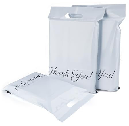 ilauke 60pcs Emballage Colis Vinted, Sacs D'expédition en Plastique 25 x 35cm, “Thank You” Fourre Tout Enveloppes Postales pour Emballage, Stockage Blanc