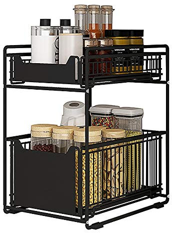 2 Ebenen Unterspüle Schublade für Küche und Bad, Metall verschiebbarer Aufbewahrungskorb, Desktop ausziehbarer Aufbewahrungskorb für Zuhause und Büro, in schwarzer Beschichtung