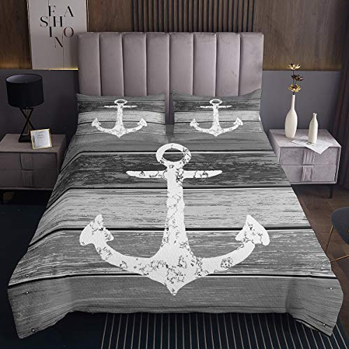 Anker Steppdecke Nautisches Thema Tagesdecke 240x260cm Vintage Timeworn Verwitterte Holzbretter Rustikales Bettüberwurf Wohndecke Luxus Dekor 3St,Grau