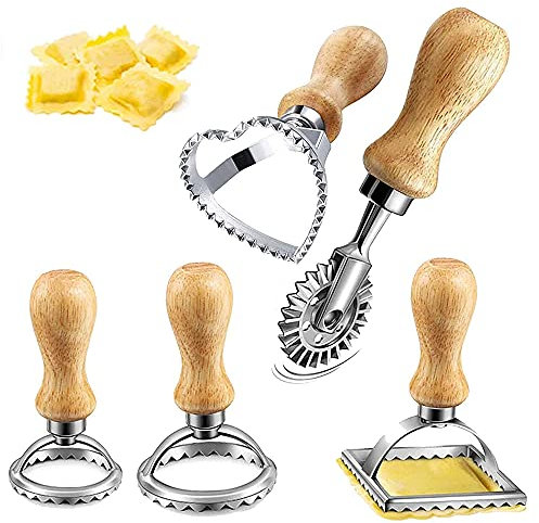 5 Pezzi Manico in Legno Ravioli, Taglierina per Ravioli, Tagliapasta per Stampi per Ravioli a Cuore, Timbri per Ravioli, Stampo Ravioli in Acciaio Inox, per Ravioli Pasta Lasagna e Biscotti