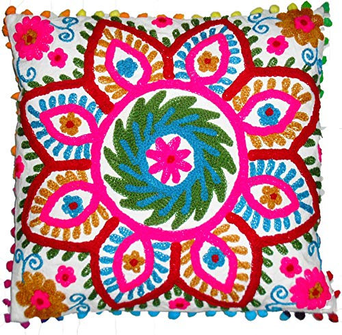Traditionelle Jaipur Suzani Kissenbezug 16 x 16, Indian Outdoor Kissen, dekorativer Überwurf-, Boho Kissenbezüge Kissenbezug, Bestickt, POM POM kissenrollen (10)