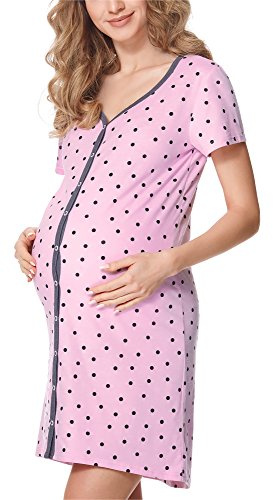 Be Mammy Camicia da Notte di maternità da Donna con Maniche Corte con Funzione di Allattamento al Seno (Pois Rosa (Grafite), XXL)