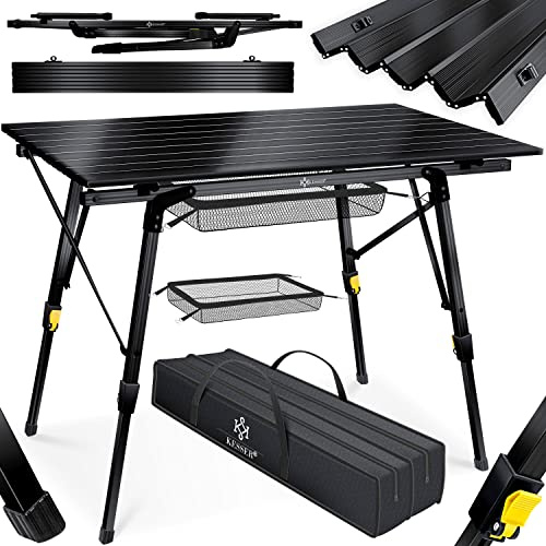 KESSER® Mesa de camping plegable con marco de aluminio y altura regulable, incl. Bolsa de transporte con correa, 90 x 53 cm, hasta 30 kg, negro