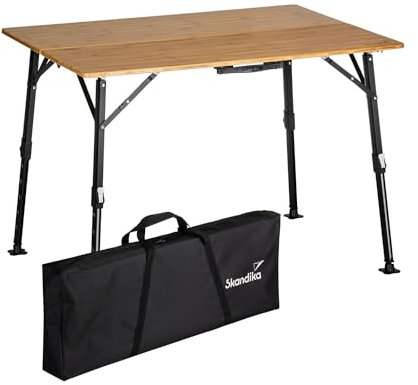 Skandika Campingtisch Tobro | Klapptisch mit Bambus Tischplatte, klappbar, stufenlos höhenverstellbar, 100 kg belastbar, wetterfest, Tragetasche | Outdoor Tisch, Camping, Balkon