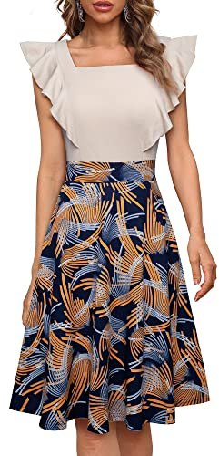 HOMEYEE Vestido de Cóctel de Fiesta Floral hasta la Rodilla Rockabilly con Mangas con Volantes y Bolsillos para Mujer A312 (L, Beige + Flores)