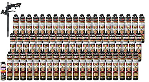 Isolbau Mauermörtel Set: 60x 750 ml PU-Mörtel 1x 500 ml Pistolenreiniger 1x Teflon Schaumpistole, PU-Reiniger, Montageschaum, Pistolenschaum