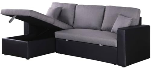 Habitat et Jardin - Canapé d'angle Convertible et Réversible Alain 3 Places Noir et Gris - Canapé Lit Moderne en Tissu Lin - Espace de Stockage (Méridienne) - Design