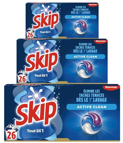 Skip Lessive liquide en capsules Active Clean 3 en 1 - 78 lavages - résultat impeccable et fraîcheur longue durée - sans emballage plastique (lot de 3x26)