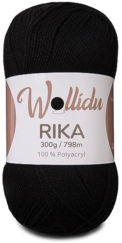 Wollidu Rika Garn zum Häkeln und Stricken 300g / 798m Strickgarn 100% Polyacryl Häkelgarn Schwarz