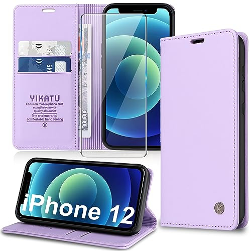 Migexxkj Handyhülle für iPhone 12/12 Pro Hülle [mit Schutzfolie][Premium PU Leder] Klapphülle Kartenfach Magnetic Ständer Flip Case Cover Etui Tasche Schutzhülle für iPhone 12/12 Pro 6.1“ (Purple)