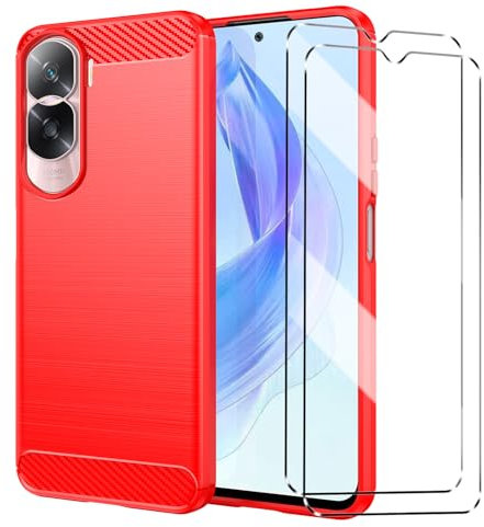 Case Compatible with Honor 90 Lite Cover with 2 Pack Tempered Glass Screen Protector for Honor 90 Lite, Slim Fit Soft TPU Shockproof Anti-Scratch Phone Case Cover - Red