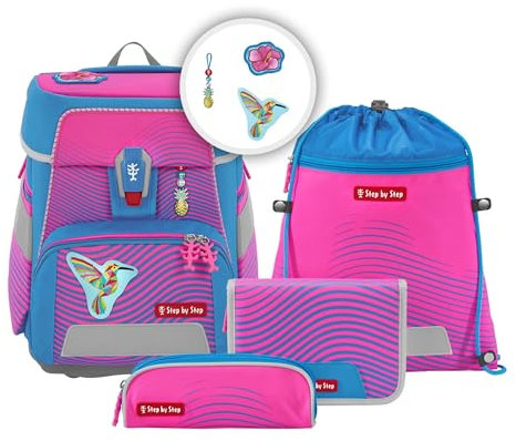 Step by Step Schulranzen-Set SPACE NEON Kolibri Kaja, 5-teilig, rosa-blau, ergonomischer Tornister mit Reflektoren, höhenverstellbar mit Hüftgurt, ab der 1. bis 4. Klasse, 20l