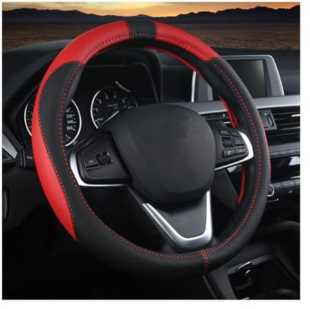 JNNJ Couvre Volant Antidérapant en Microfibre Cuir, Respirant, Accessoire D'intérieur Protecteur pour Voiture, Femmes Et Hommes (Noir/Rouge)