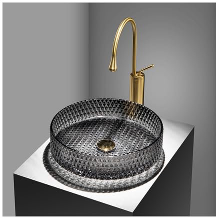 Badezimmer-Waschbecken, 40,6 Cm, Schwarze Künstlerische Transparente Glaswaschbecken Mit Goldenem Wasserhahn, Runde Aufsatzbecken-Schüssel-Kombination Mit Pop-Up-Ablauf