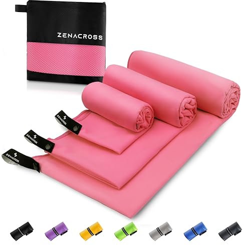 ZENACROSS Mikrofaser Handtuch (3er-Set) mit Transportbeutel - Schnelltrocknendes und vielseitiges Fitness Handtuch - Sporthandtuch Größen S, M, L - Rosa