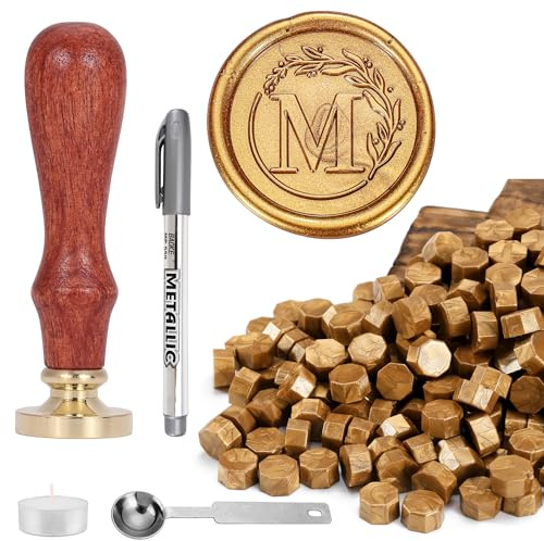Mogokoyo Wachs Siegelstempel Set 120 Stück Siegelwachs Perlen Gold mit Siegelstempel A Wachssiegel Stempel für Hochzeit Umschlägen Geschenkbox (M)