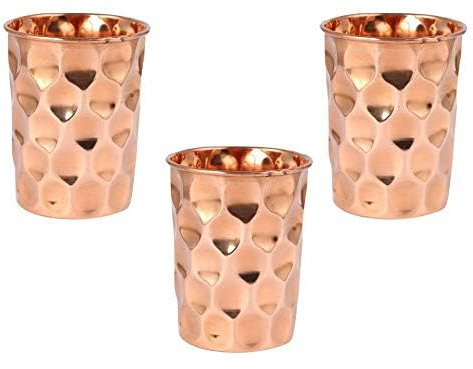 BishtHub Bicchieri in rame puro con design a diamante, articoli per bere acqua, articolo fatto a mano, utensili da cucina in rame, 300 ml, confezione da 3