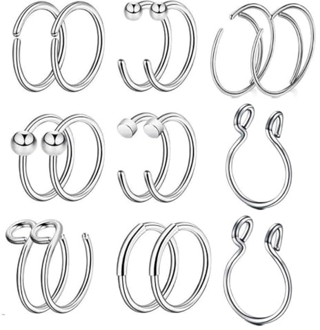 REQAG 16 Stk 20G 8mm Nasenpiercings Silber Fake Nasenring Edelstahl Fake Piercings Nase Face Piercing Nase Lippe Ohr Ring Hoop für Männer Damen