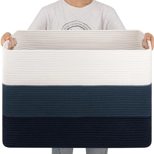 OIAHOMY 108L Super Large Blanket Basket, 25”x16”x16” Rectangle Woven Baskets for Storage, Cotton Rope Basket For Living Room, Toy Storage with Handle - Gradient Blue