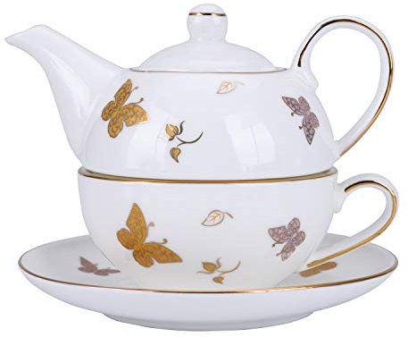 XINCXIN Teeservice, Golden Butterfly China Tea for One Set, Porzellan Teekanne Tasse und Untertasse Set