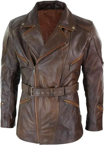 LP-FACON Abrigo largo de cuero 3/4 para hombre, de piel marrón, para motociclista, largo 3/4 de longitud, Cafe Racer, marrón, XXXL