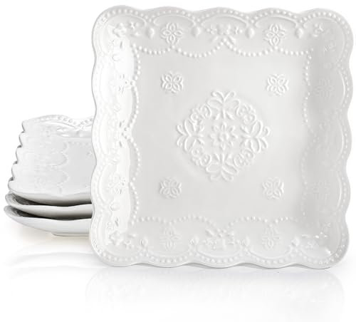 Tebery Set of 4 Square Embossed Ceramic Plate, 10 Inch Elegant Dinner Plates Ivory White, Appetizer Salad Serving Plates Kitchen Plates for Christmas Afternoon Tea Banquet Wedding Party Steak Pasta