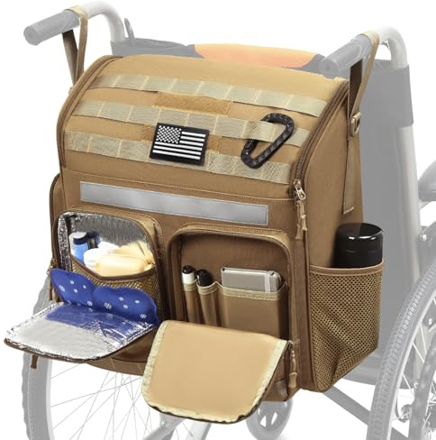 SLINRKE Mochila para silla de ruedas – Bolsa de accesorios para silla de ruedas para adultos, bolsa de estilo táctico para silla de ruedas con bolsillo aislante y correa para el hombro (marrón)