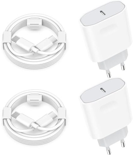 Lot de 2 Chargeur Rapide 25W USB C avec Câbles de 2 Mètres Compatible avec iPhone 16/16 Pro max/15/15 Pro Max Plus, iPad Air, Samsung Galaxy S25/S24/A53/Note 20, Prise Secteur, Adaptateur USB-C