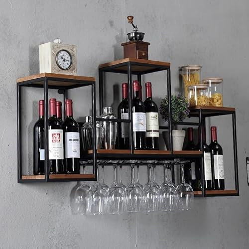 LQSYBHD Portabottiglie da Parete, Mensole per Liquori E Portabicchieri da Barra in Metallo, Mensola da Bar A Muro Espositore per Vini per Bar di Casa, Sala da Pranzo, Cucina